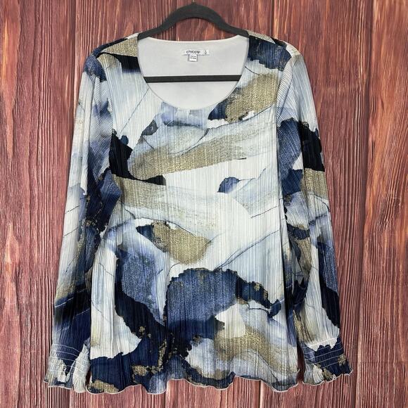 Chico's Foil Ocean Print Crinkle Top Long Sleeve Blue Gold Size 3 / US XL - Picture 1 of 6